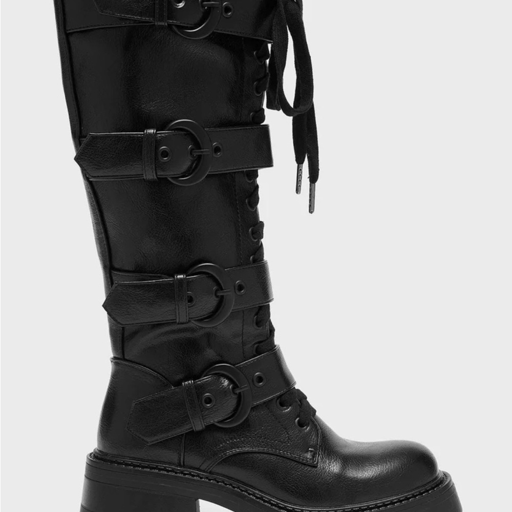 Killstar Black Lace-Up Buckle Mid-Calf Combat Boots